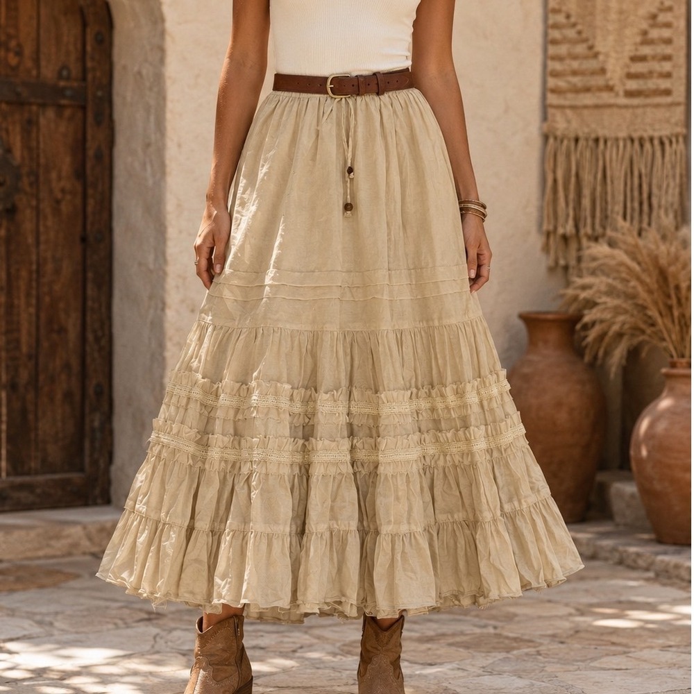 Boho Tiered Maxi Skirt in Beige - Unbranded